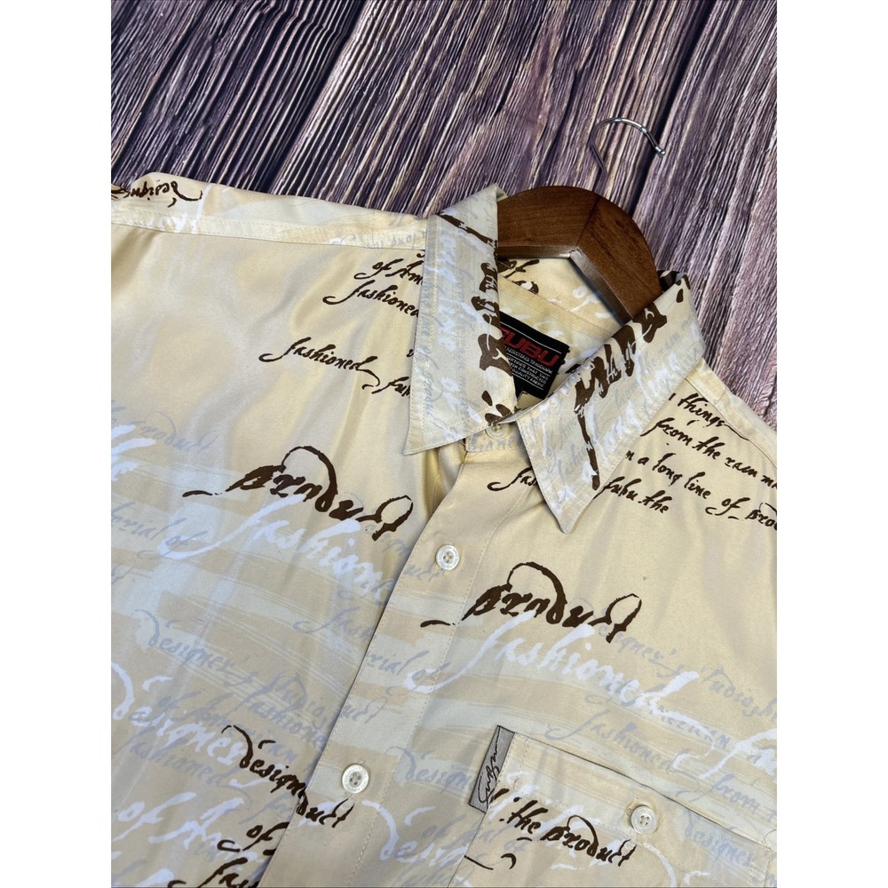 Fubu Beige Floral Short Sleeve Button‎ Up Mens Large All Polyester Shirt